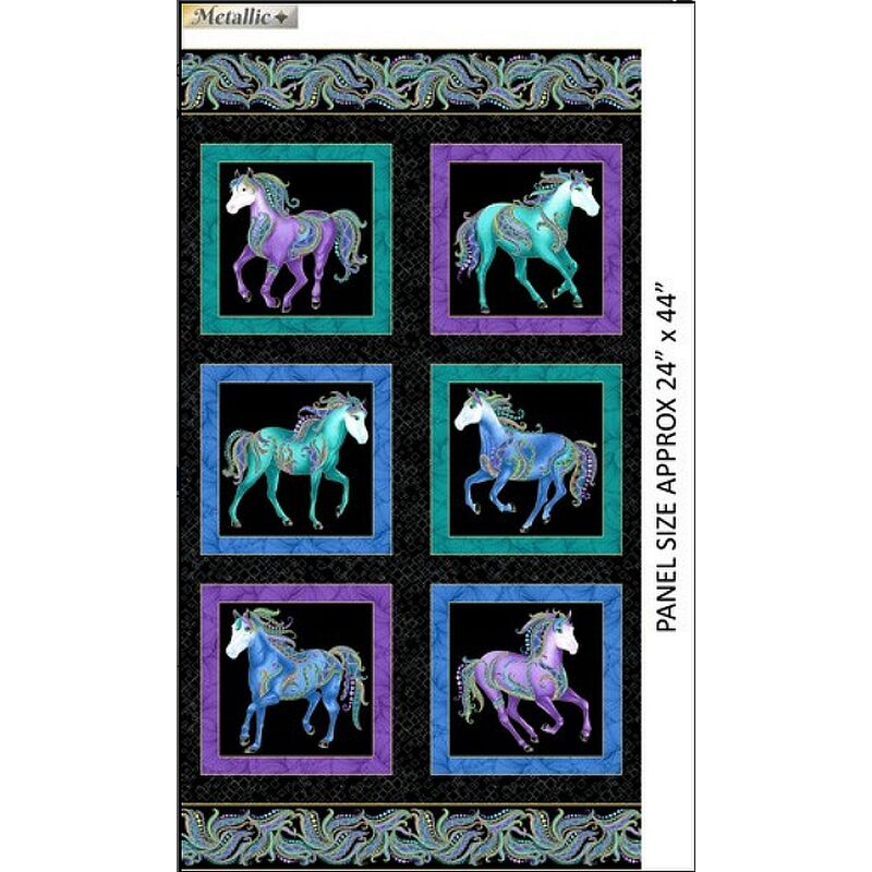 Horsen Around 9099/5012 PANEL Multi On Black Cotton Fabric, per Panel