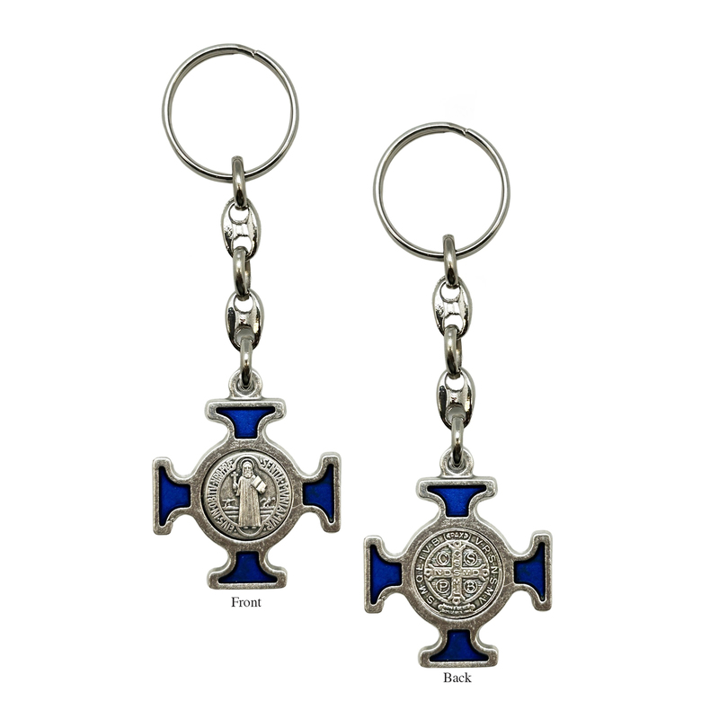 Keyring, Saint Benedict, Blue Enamelled Cross, Heavy Duty