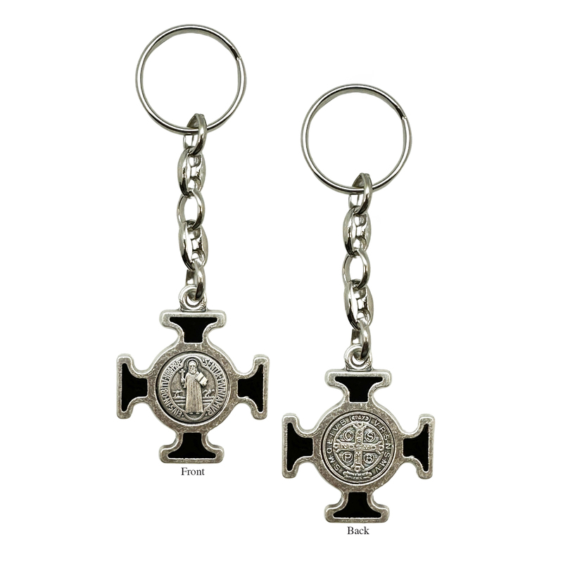 Keyring, Saint Benedict, Black Enamelled Cross, Heavy Duty