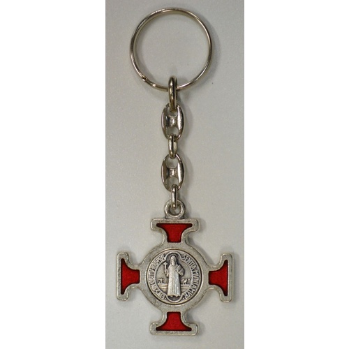 Keyring, Saint Benedict, RED Enamelled Cross, Heavy Duty