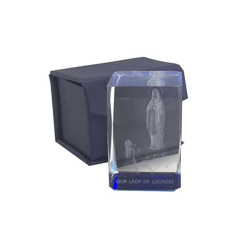 Laser Crystal Block, OUR LADY OF LOURDES Image, Ornate Block. 40mm Sq. x 60mm