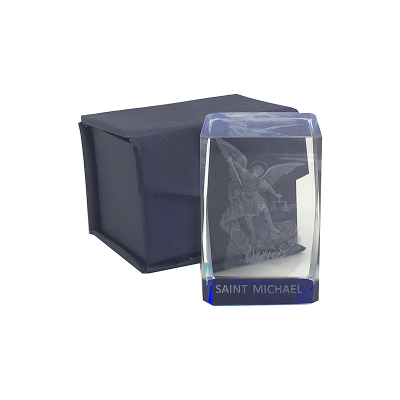 Laser Crystal Block, SAINT MICHAEL Image, Ornate Block. 40mm Sq. x 60mm