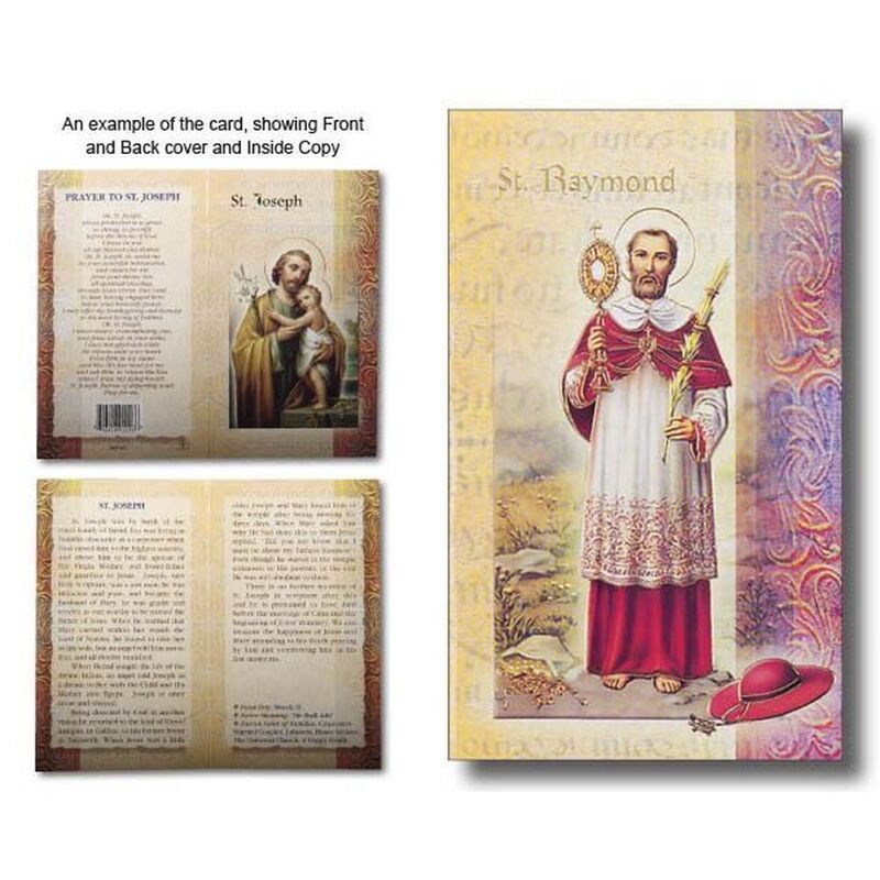 Saint Raymond Nonnatus Biography Card 80 x 135mm Folded, Gold Foiled
