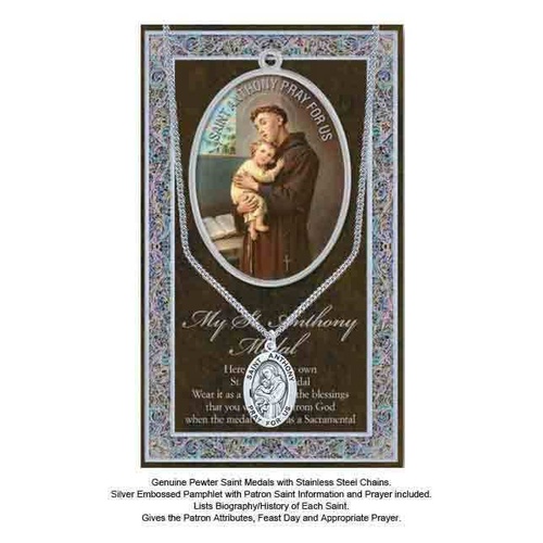 Pewter Saint Anthony Medal, 15 x 24mm Oval, Stainless Steel Chain & Biography