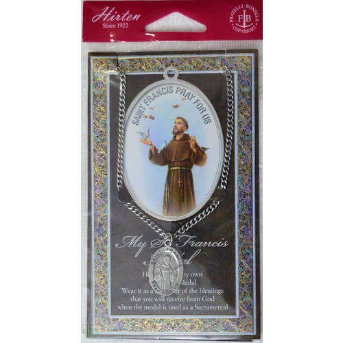 Pewter Saint Francis of Assisi Medal, 17 x 24mm Pendant, Stainless Steel Chain & Biography
