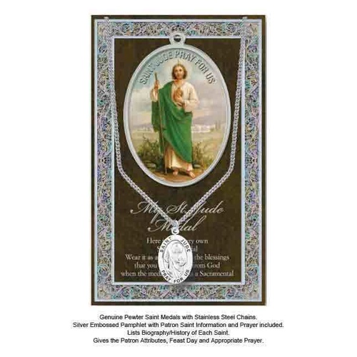 Pewter Saint JUDE Medal, 16mm Diameter, 60cm Stainless Steel Chain & Biography