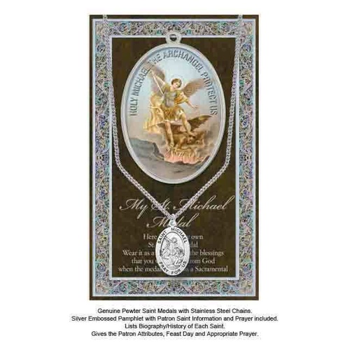 Pewter Saint Michael Medal Pendant, 15 x 24mm Oval, Stainless Steel Chain & Biography