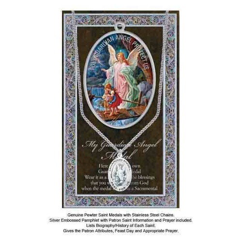 Guardian Angel Pewter Medal, 17 x 24mm Oval Pendant, Stainless Steel Chain & Biography