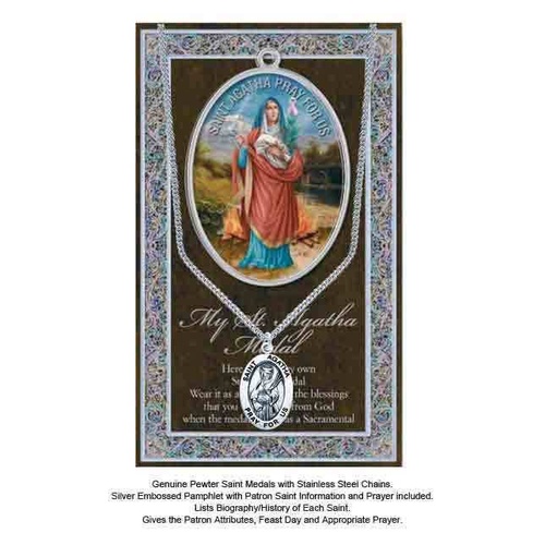 Pewter Saint Agatha Medal Pendant, 15 x 24mm Oval Stainless Steel Chain, Biography