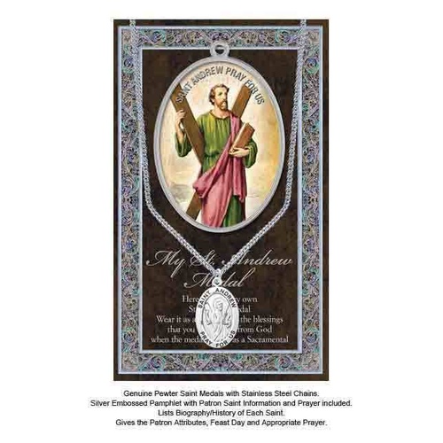Pewter Saint ANDREW Medal, 16mm Diameter, 60cm Stainless Steel Chain & Biography