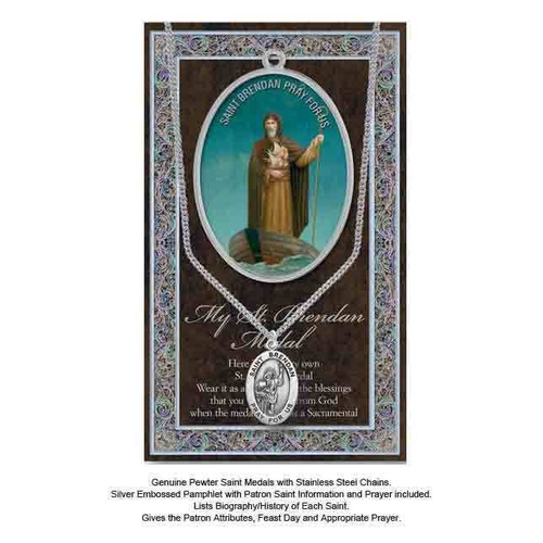Pewter Saint Brendan Medal Pendant, 15 x 24mm Oval, Stainless Steel Chain & Biography
