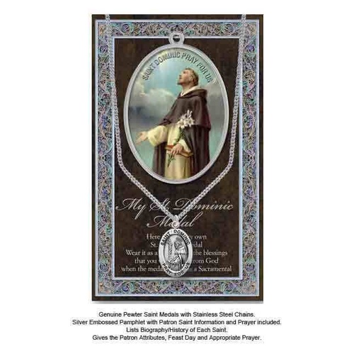 Pewter Saint Dominic Medal Pendant, 15 x 24mm Pendant, SS Chain & Biography