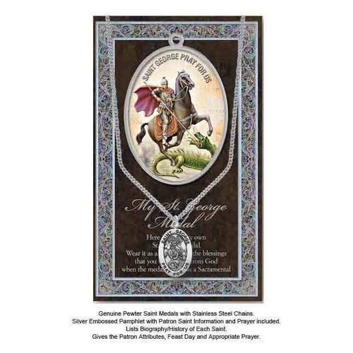 Pewter Saint George Medal Pendant, 15 x 24mm Oval, Stainless Steel Chain & Biography