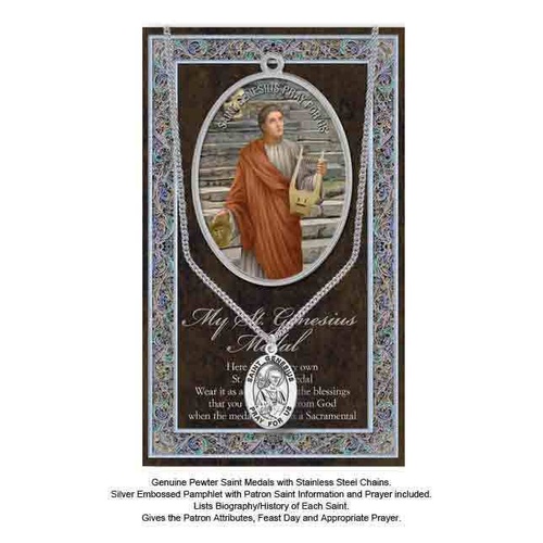 Pewter Saint Genesius Medal Pendant, 15 x 24mm Oval, Stainless Steel Chain & Biography