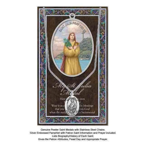 Pewter Saint JULIA Medal, 16mm Diameter, 60cm Stainless Steel Chain & Biography