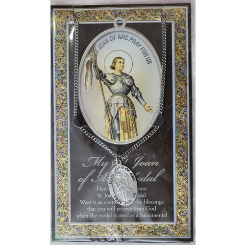 Pewter Joan Of Arc Medal Pendant, 17 x 24mm Oval, Stainless Steel Chain & Biography