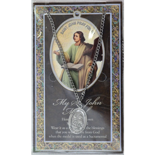 Pewter Saint John Medal Pendant, 17 x 24mm Oval, Stainless Steel Chain & Biography