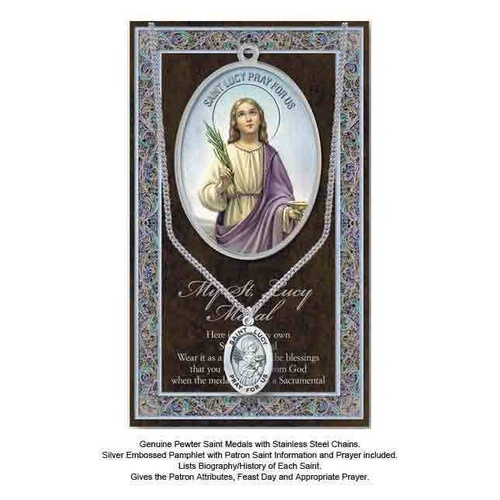 Pewter Saint Lucy Medal Pendant, 15 x 24mm Oval, Stainless Steel Chain & Biography