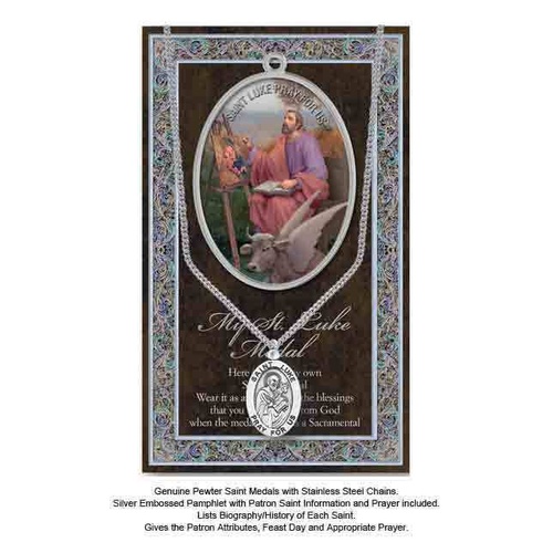Pewter Saint Luke Medal Pendant, 15 x 24mm Oval Pendant, Stainless Steel Chain & Biography