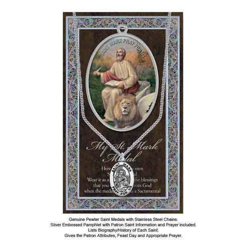 Pewter Saint Mark Medal Pendant, 15 x 24mm Oval, Stainless Steel Chain & Biography