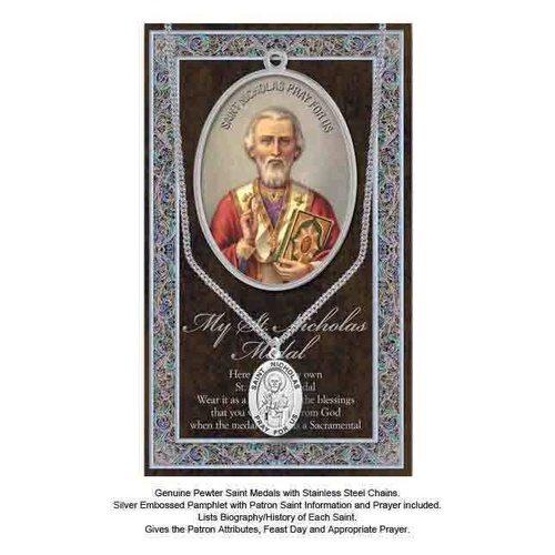 Pewter Saint Nicholas Medal Pendant, 15 x 24mm Oval, Stainless Steel Chain & Biography