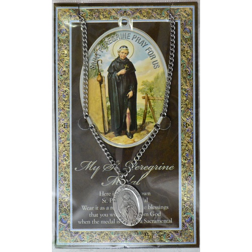 Pewter Saint Peregrine Medal Pendant, 17 x 24mm Oval, Stainless Steel Chain & Biography