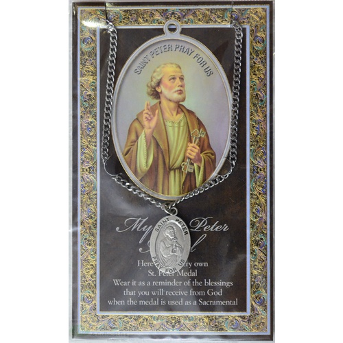 Pewter Saint Peter Medal Pendant, 17 x 24mm Oval, Stainless Steel Chain & Biography
