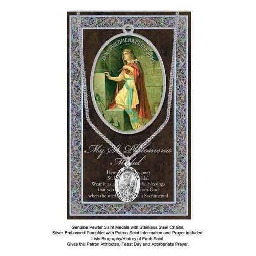 Pewter Saint PHILOMENA Medal, 16mm Diameter, 60cm Stainless Steel Chain & Biography