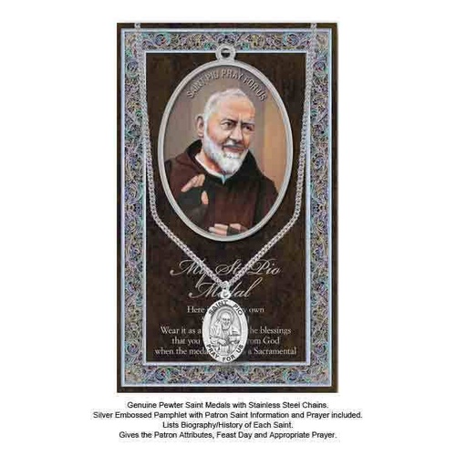 Pewter Saint PIO Medal, 16mm Diameter, 60cm Stainless Steel Chain & Biography
