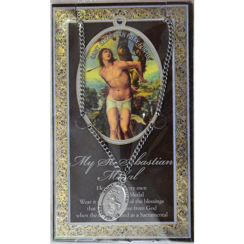 Pewter Saint Sebastian Medal Pendant 17 x 24mm Oval, Stainless Steel Chain & Biography