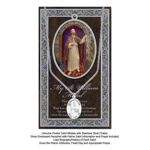 Pewter Saint William Medal Pendant, 15 x 24mm Oval, Stainless Steel Chain & Biography