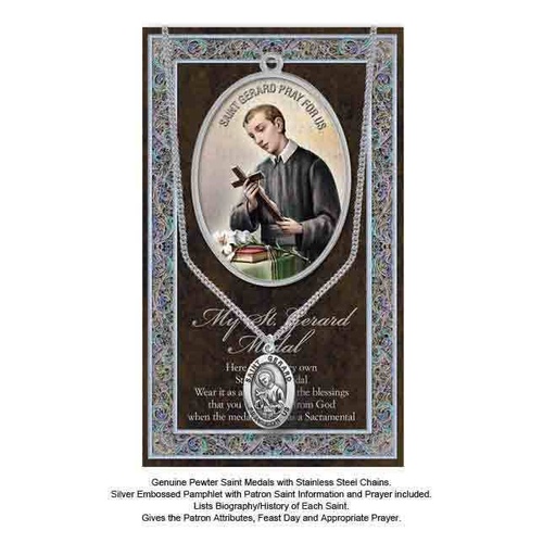 Pewter Saint Gerard Medal Pendant, 15 x 24mm Oval, Stainless Steel Chain & Biography