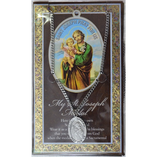 Pewter Saint Joseph Medal Pendant, 17 x 24mm Oval, Stainless Steel Chain & Biography