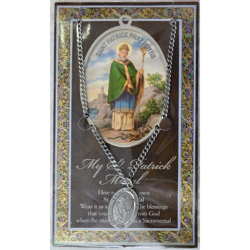 Pewter Saint Patrick Medal Pendant, 17 x 24mm Oval, Stainless Steel Chain & Biography