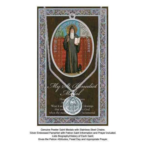 Pewter Saint BENEDICT Medal Pendant, 15 x 24mm Oval Pendant, Stainless Steel Chain & Biography
