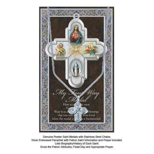 My Four Way Pewter Saint Medal 25 x 22mm, Stainless Steel Chain, Biography Card