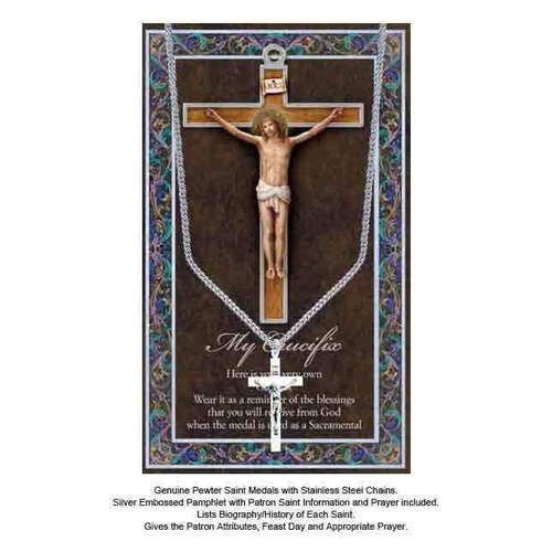 My Crucifix PewterMedal Pendant 37mm x 20mm, Stainless Steel Chain, Biography Card