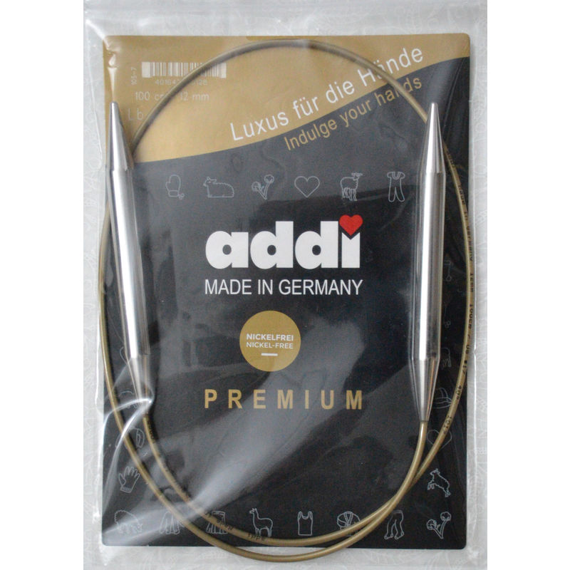 Addi Circular Knitting Needle 100cm x 12mm, Smooth White Brass Tips, Gold Cords