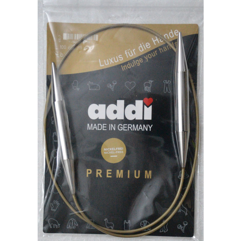 Addi Circular Knitting Needle 100cm x 15mm, Smooth White Brass Tips, Gold Cords