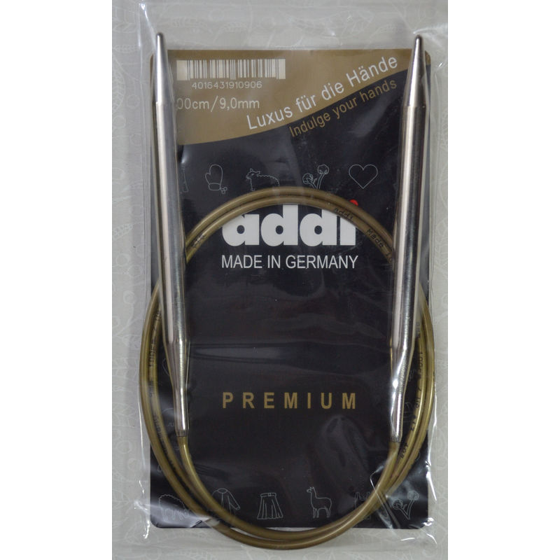 Addi Circular Knitting Needle 100cm x 9.00mm, Smooth White Brass Tips, Gold Cords