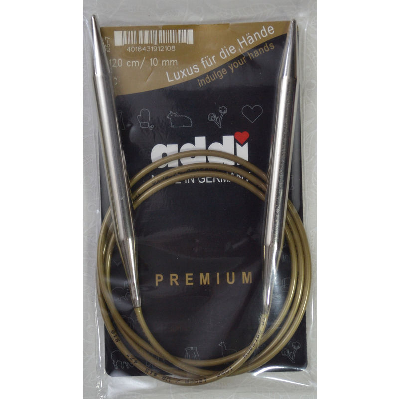 Addi Circular Knitting Needle 120cm x 10mm, Smooth White Brass Tips, Gold Cords