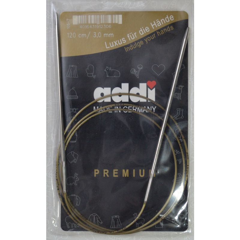 Addi Circular Knitting Needle 120cm x 3.00mm, Smooth White Brass Tips, Gold Cords