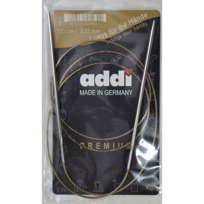 Addi Circular Knitting Needle 120cm x 3.25mm, Smooth White Brass Tips, Gold Cords