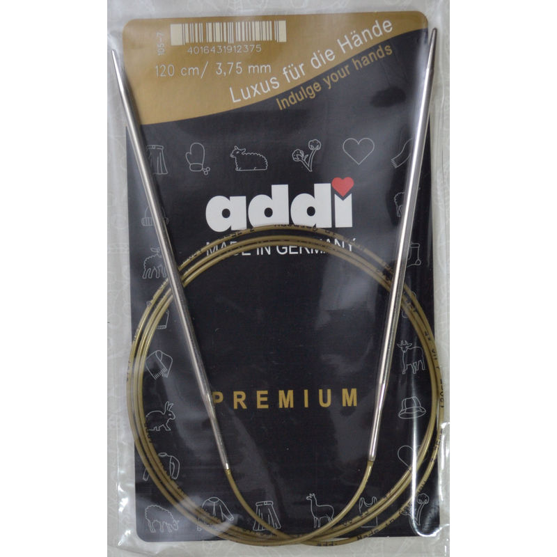Addi Circular Knitting Needle 120cm x 3.75mm, Smooth White Brass Tips, Gold Cords