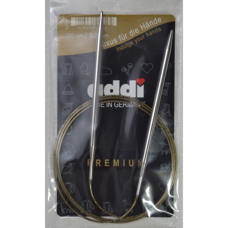 Addi Circular Knitting Needle 120cm x 5.00mm, Smooth White Brass Tips, Gold Cords