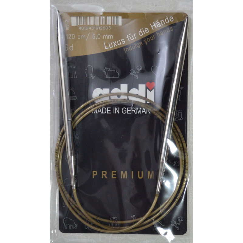 Addi Circular Knitting Needle 120cm x 6.00mm, Smooth White Brass Tips, Gold Cords