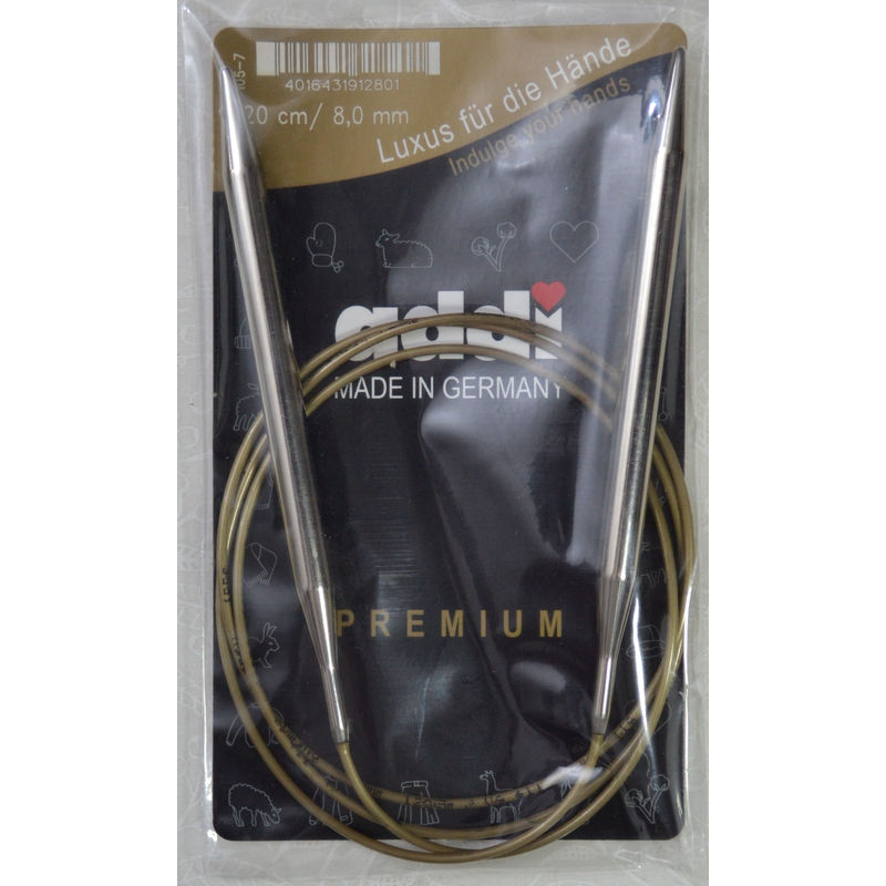 Addi Circular Knitting Needle 120cm x 8.00mm, Smooth White Brass Tips, Gold Cords