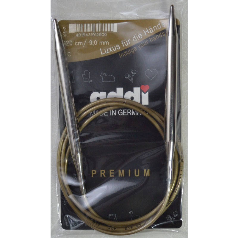 Addi Circular Knitting Needle 120cm x 9.00mm, Smooth White Brass Tips, Gold Cords