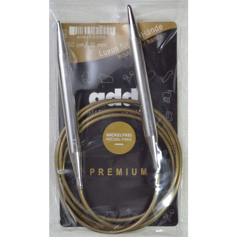 Addi Circular Knitting Needle 150cm x 10mm, Smooth White Brass Tips, Gold Cords
