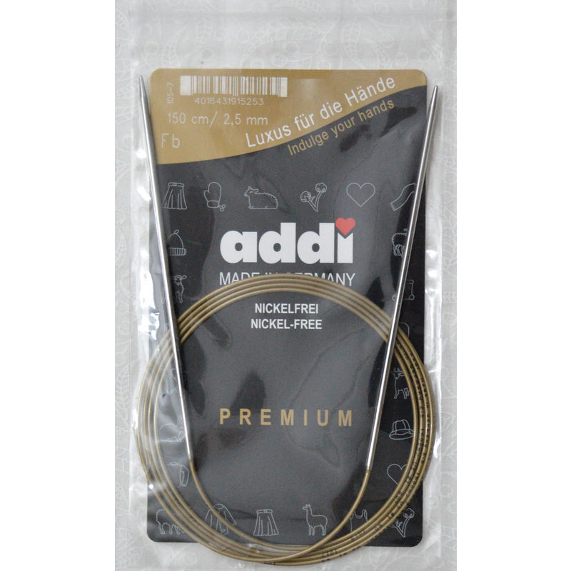 Addi Circular Knitting Needle 150cm x 2.50mm, Smooth White Brass Tips, Gold Cords